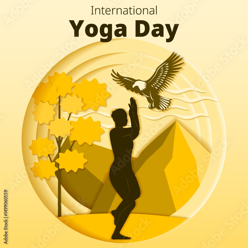 International Yoga Day. Square template. Garudasana pose. Eagle pose. Paper cut design. Isolated vector illustration