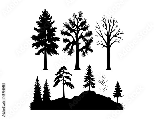  Group of leafless tree silhouettes in black
Description: Bare trees vector silhouette ideal for autumn, winter or dramatic background design.