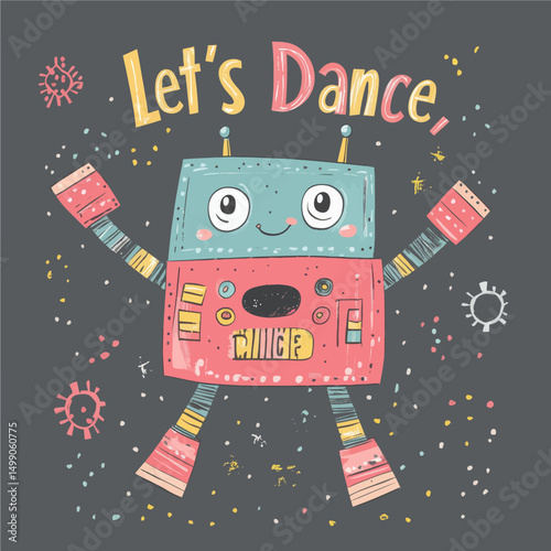 A cartoon robot wearing roller skates dances among gears and numbers in a futuristic illustration representing a playful technology concept