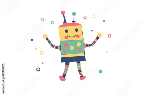 A robot characterized by its playful nature dances with unrestrained joy on a resplendent surface, surrounded by a medley of colorful bubbles and quirky accents that augment its lively entertainment