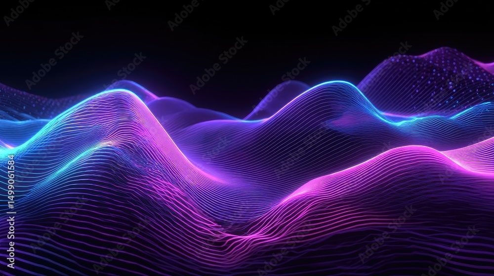 Fototapeta premium Futuristic neon waves with pulsating lines in violet and cyan, high energy concept