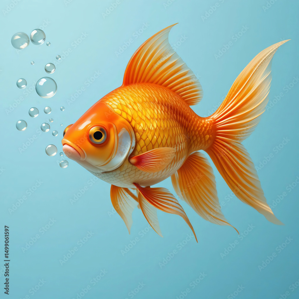 Fototapeta premium A goldfish blowing bubbles on a light blue background