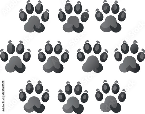 Collection of nine stylized animal paw prints in shades of gray against a plain white background.