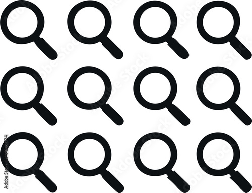 A repeating pattern of black outline magnifying glass icons on a white background.