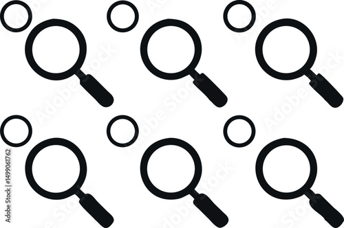 A repeating pattern of black outline magnifying glass icons on a white background.