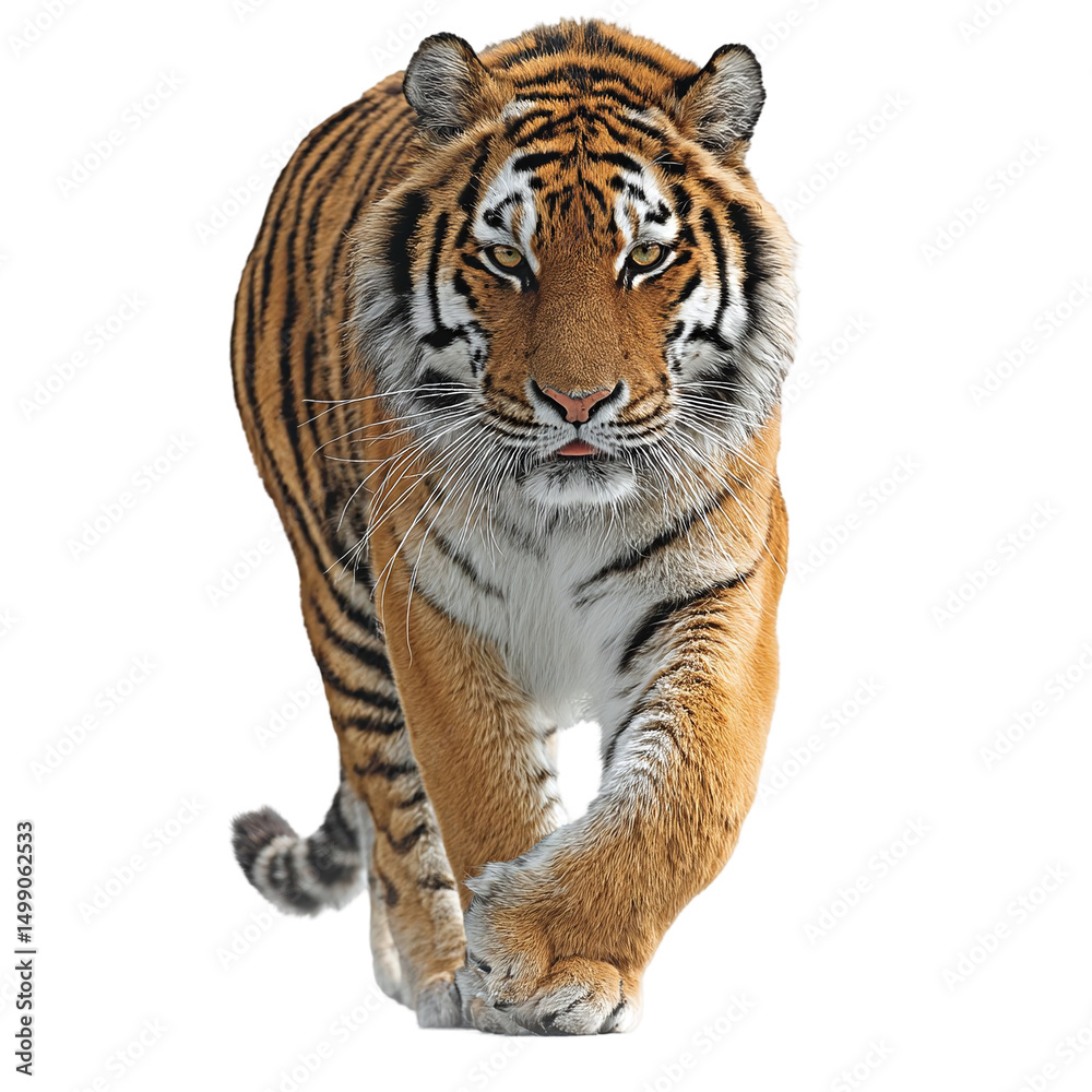 Obraz premium Majestic tiger walking confidently through its natural habitat, showcasing powerful physique and vibrant stripes
