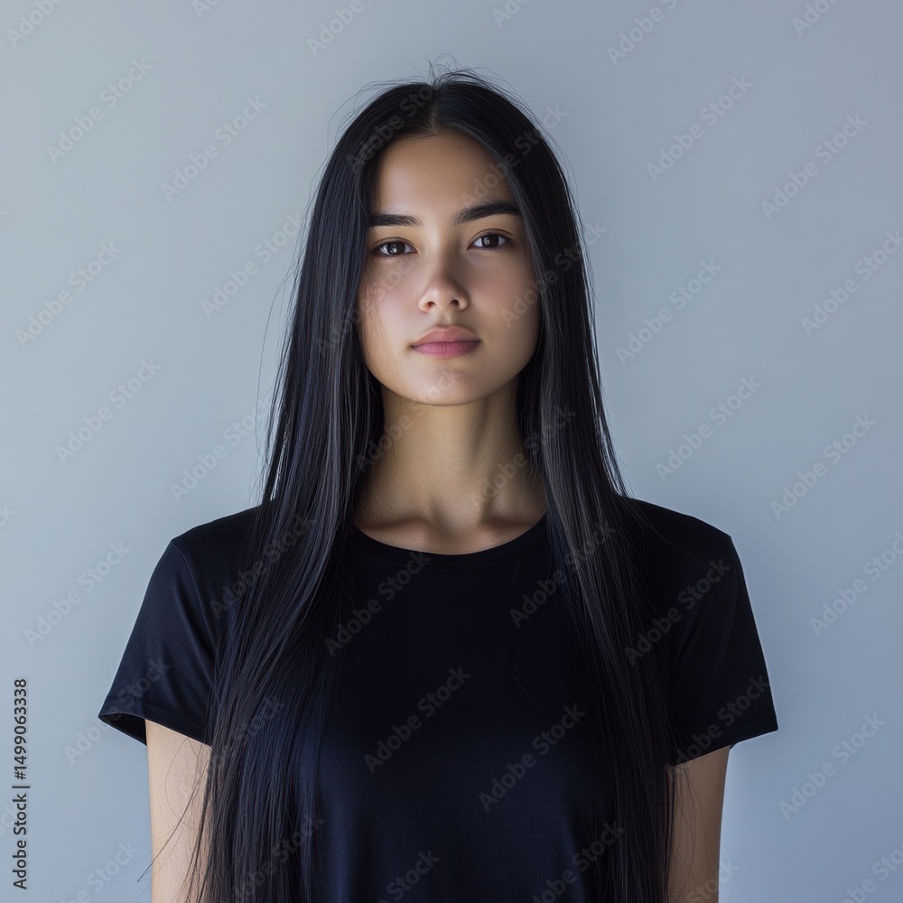 Model in black t-shirt. Female portrait with long hair against a neutral background. Fashion apparel showcase for clothing brands and e-commerce. Model in black t-shirt. Female portrait with long hair against a neutral background. Fashion apparel showcase for clothing brands and e-commerce.