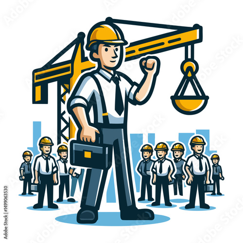 Flat vector builder mascot in construction outfit holding tools wearing safety helmet with cheerful pose cartoon style for handyman service branding campaign