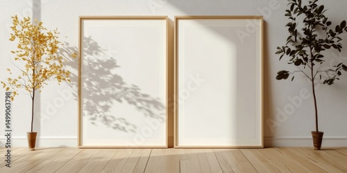 Two Blank Vertical Wood Frame Mockups on Wooden Floor. Sunlight from Window, Plants in Rustic Pots