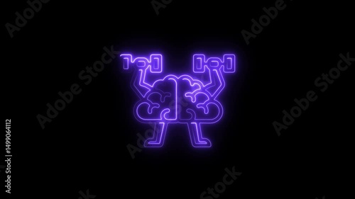 Glowing neon brain exercising with dumbbells on a black background promoting mental fitness