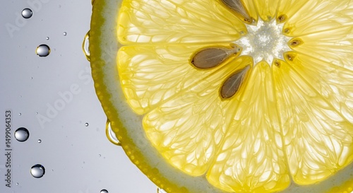 Translucent lemon slice with visible seeds and juice sacs surrounded by water droplets photo