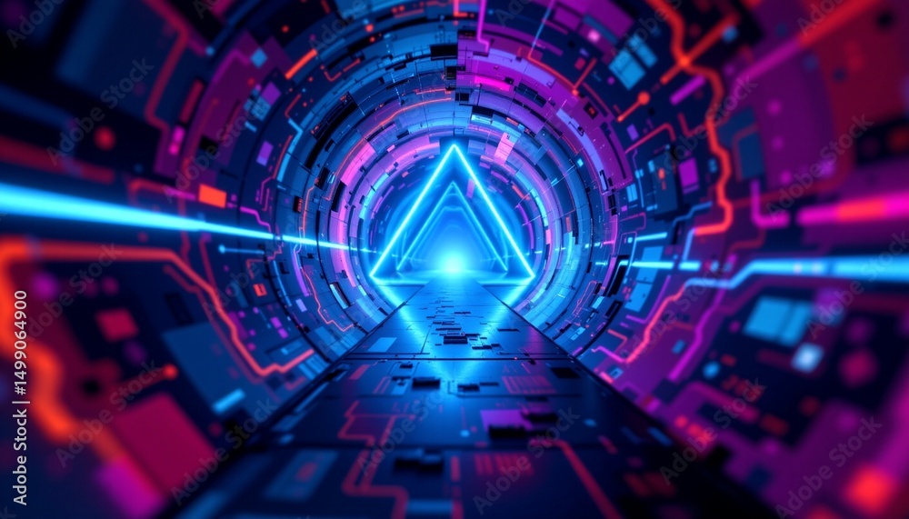 Obraz premium a futuristic tunnel like structure composed of vibrant neon lights in shades of blue and purple, giving off an electronic glow