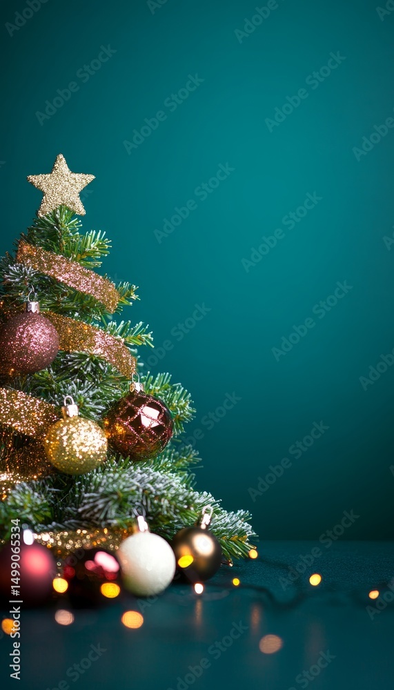 Naklejka premium Christmas Tree with Gold and Red Ornaments on Teal Background. Festive Holiday Decoration.
