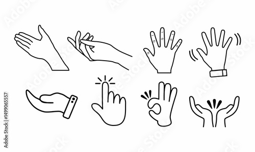 Hand gesture line icons. Handshake, Applause, Victory. Horns, and various hand gestures. Drag and drop icons. Click hand gesture, helping hand. Linear set. Outline vector