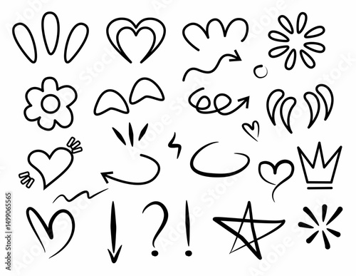 Outline vector design, cute doodles, kids and kindergarten, school art decoration, love hand drawn, circle, crown and arrow symbols for design elements.