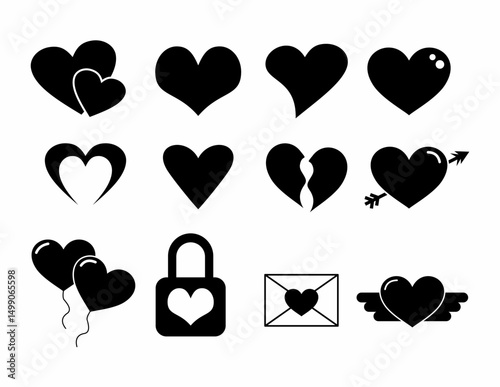 Vector heart sketch illustration with various heart shapes Black and white monochrome collection. Romance and love vector icons