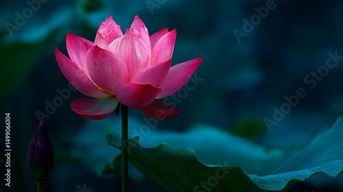 A complex petals pink lotus flower blooms in dim light lake, calm and peaceful scenery 