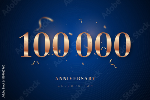 Elegant design celebrating milestone with golden 100000 numbers and blue background. Festive confetti adds joy.