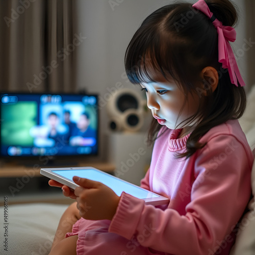 Asian girl looking and touch on white screen at the tablet screen attentively. overstimulated children concept. Too much screen time. Cute girl watching videos while tv, Internet addiction concept.