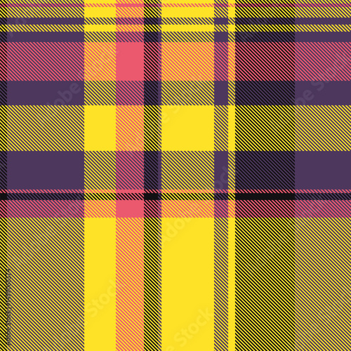 Backdrop check fabric seamless, menu pattern plaid texture. Bedding vector background textile tartan in yellow and violet colors.