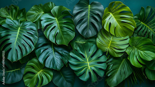 Lush Green Monstera Leaves on Dark Teal Background