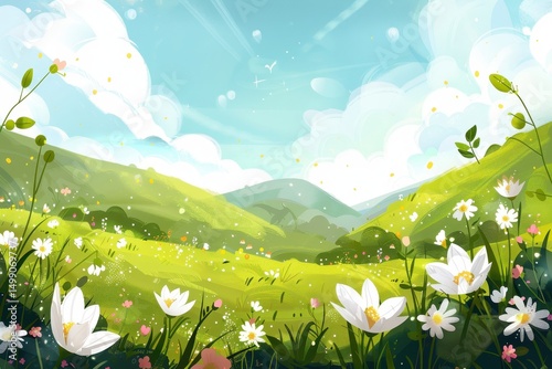 white flowers bottom border with green landscape background