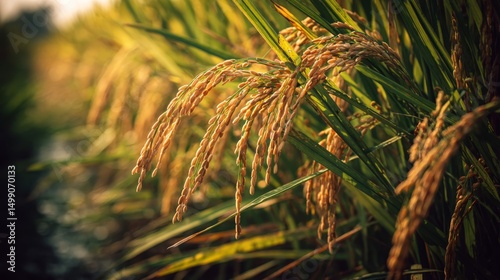 gold ripe rice field against sunlight