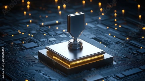 Microchip Trophy on Circuit Board with Bokeh Lights