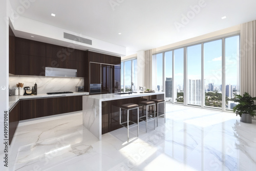 Perspective view of modern kitchen interior design with window light and wooden floor with white walls. 3D Rendering
