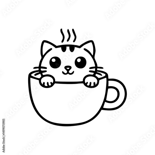 Adorable Kitten in Coffee Cup Line Art