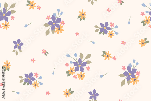 Seamless floral pattern, liberty ditsy print in delicate pastel colors. Romantic botanical design of small hand drawn plants, lilac flowers, tiny leaves, simple bouquets abstract. Vector illustration.