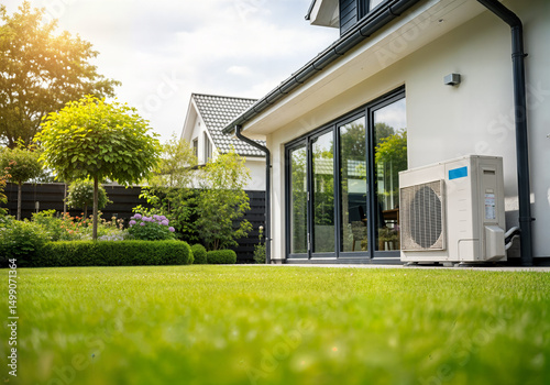 Modern white heat pump air conditioning unit installed on concrete pad