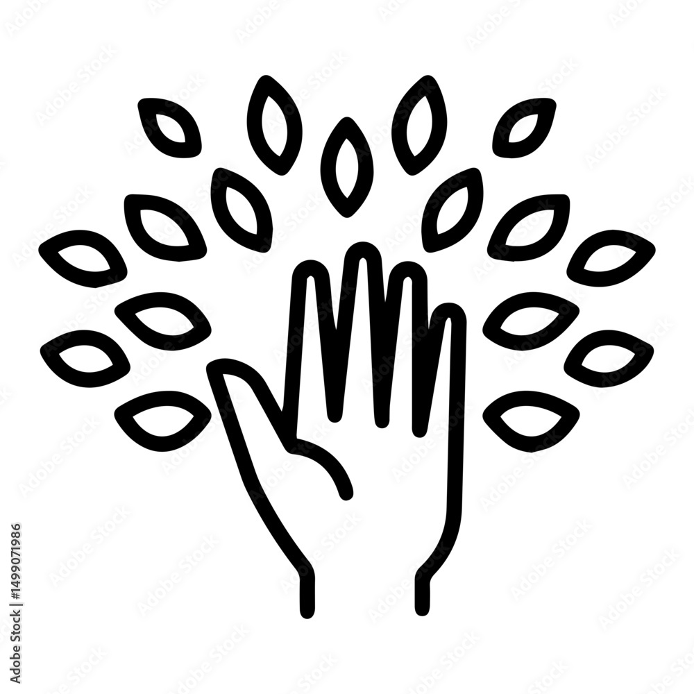 Fototapeta premium Two hands (outline style) are shown extending upwards, with multiple stylized leaves radiating outwards from the space between them. Symbolizes growth, nature, and interconnectedness