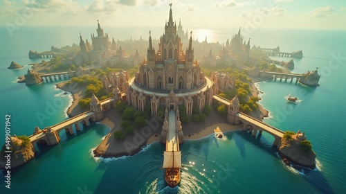 Magnificent Fantasy City on an Island Surrounded by Water
