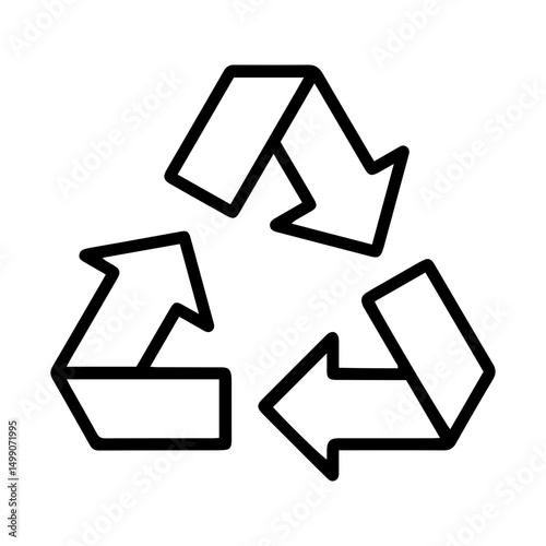 Recycling symbol (outline style). Three chasing arrows forming a triangle symbolize recycling, sustainability, or environmental conservation. Represents the process of reusing materials, waste reduce
