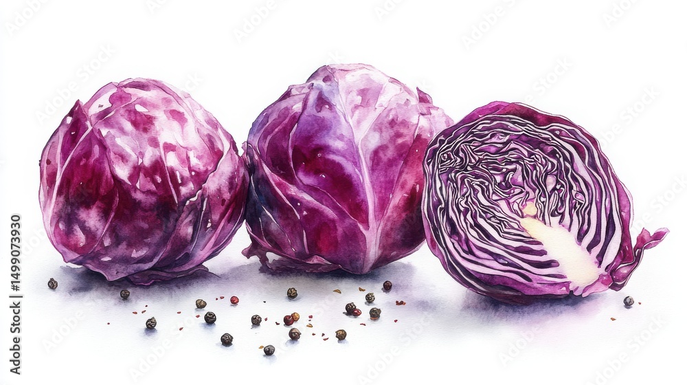 Fototapeta premium Three heads of red cabbage, one sliced open, with scattered peppercorns on a white background.