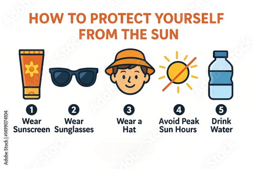 Infographic on sun protection tips: wear sunscreen, sunglasses, hat, avoid peak sun hours, and stay hydrated with water. concept of skin safety, sun care, summer precautions. White background