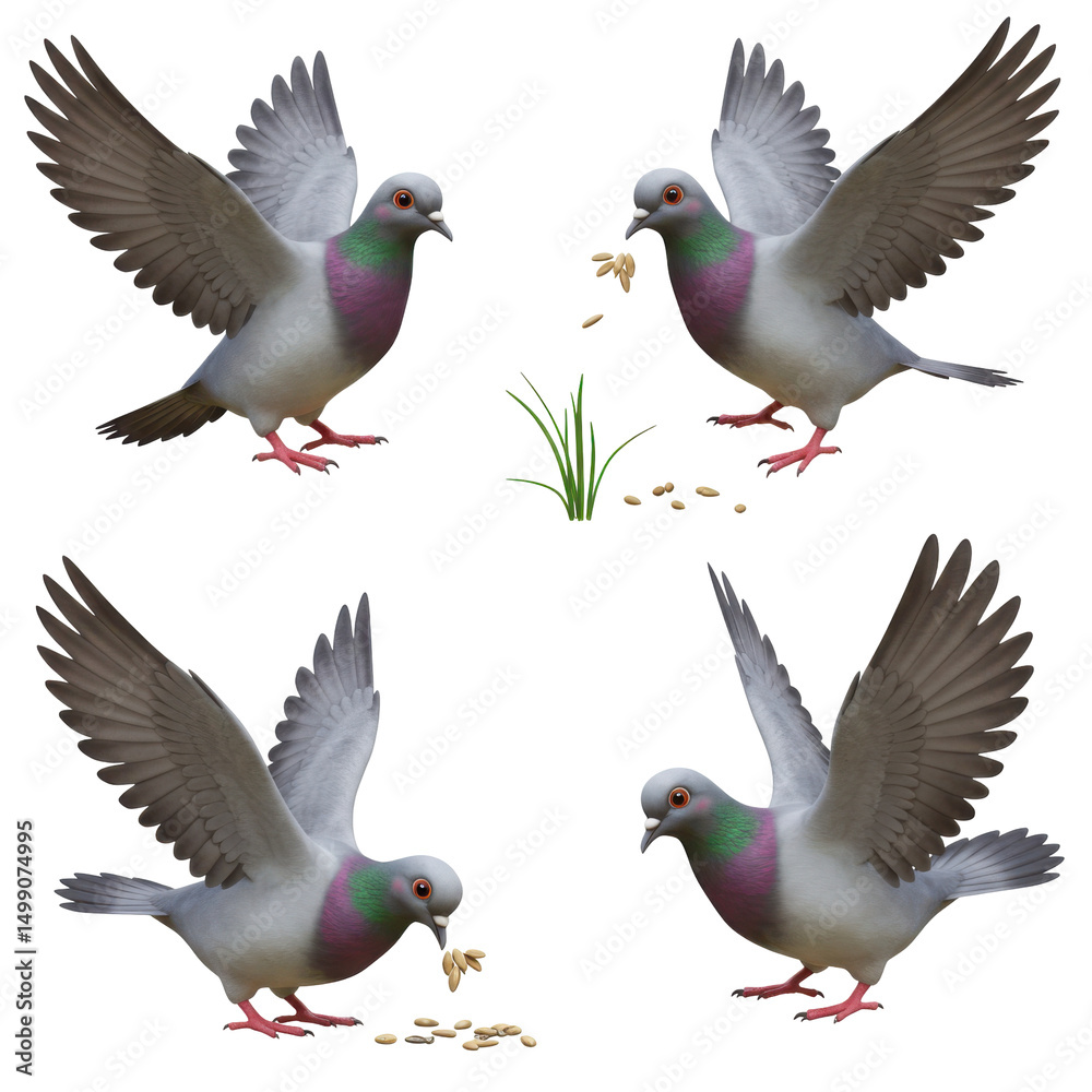 Obraz premium Cartoon Doves in Motion with Plants on Transparent Background