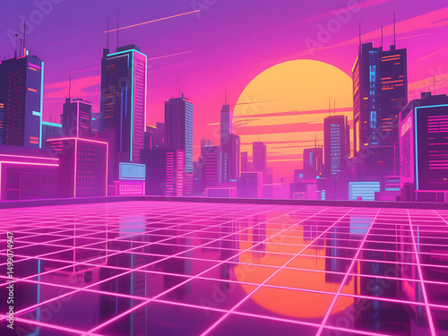 Retro Wave City Grid photo