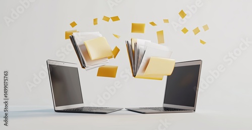 Two laptops facing each other, with stacks of papers and sticky notes levitating between them, suggesting data transfer