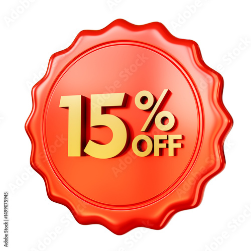 Red discount badge 15% OFF isolated on transparent background. 3D render.