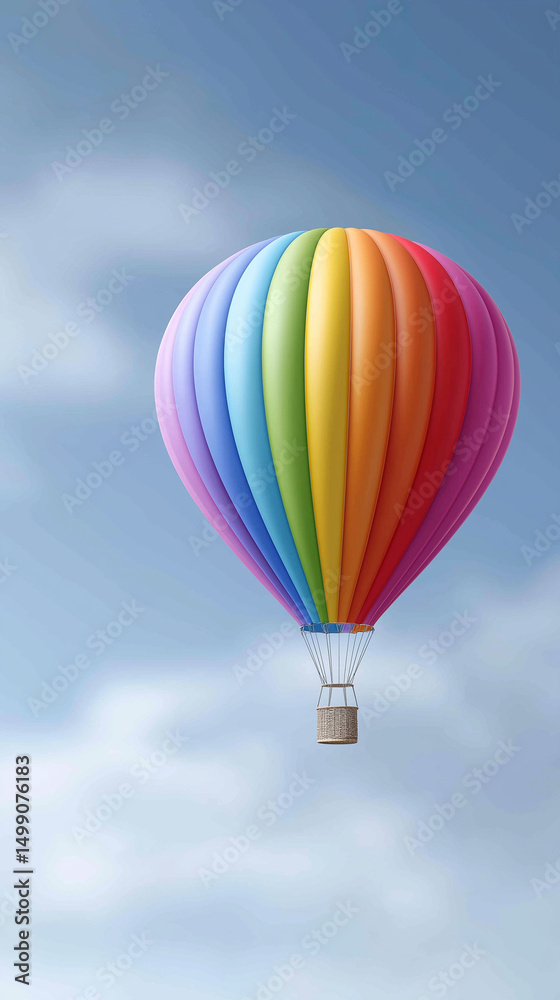 Fototapeta premium Colorful hot air balloon soaring through a clear blue sky, showcasing vibrant stripes of red, orange, yellow, green, blue, and purple against a serene backdrop of fluffy clouds