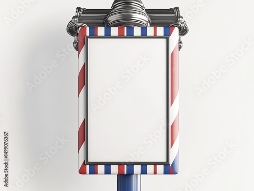 A blank square sign with red, white, and blue barber pole stripes on a metallic blue post, against a white backdrop