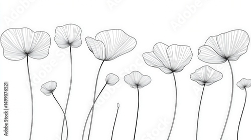 Delicate Linear Illustration of Flowers in Minimalist Style on White Background