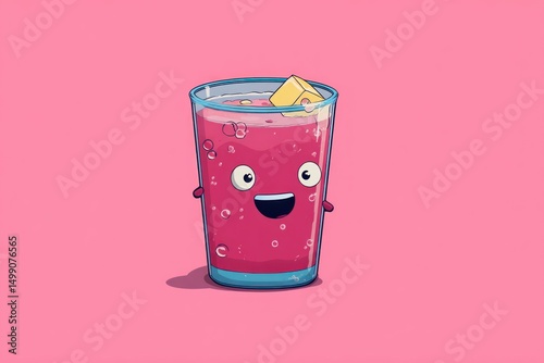 Adorable Cartoon Beverage Illustration with Ice on a Pink Background