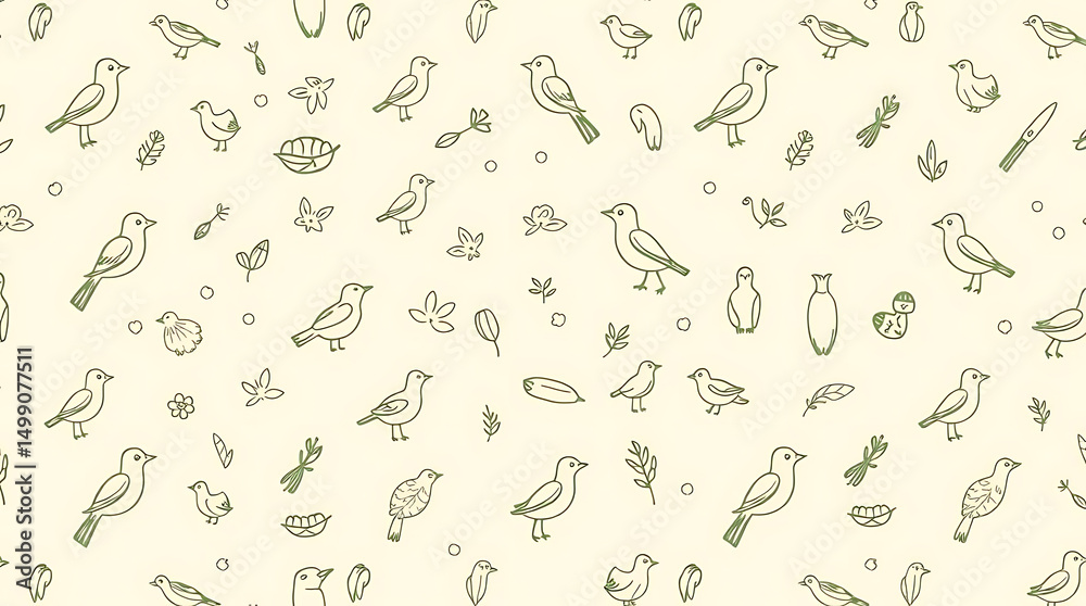 Fototapeta premium Bird and Nature Drawing Pattern