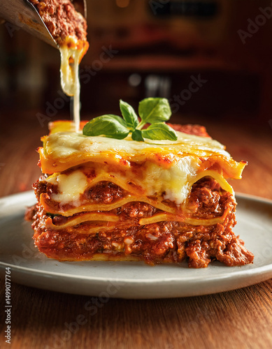 Generated Image of A layered lasagna being cut, showing melted cheese, beef ragu, béchamel, and pasta sheets in perfect balance.
