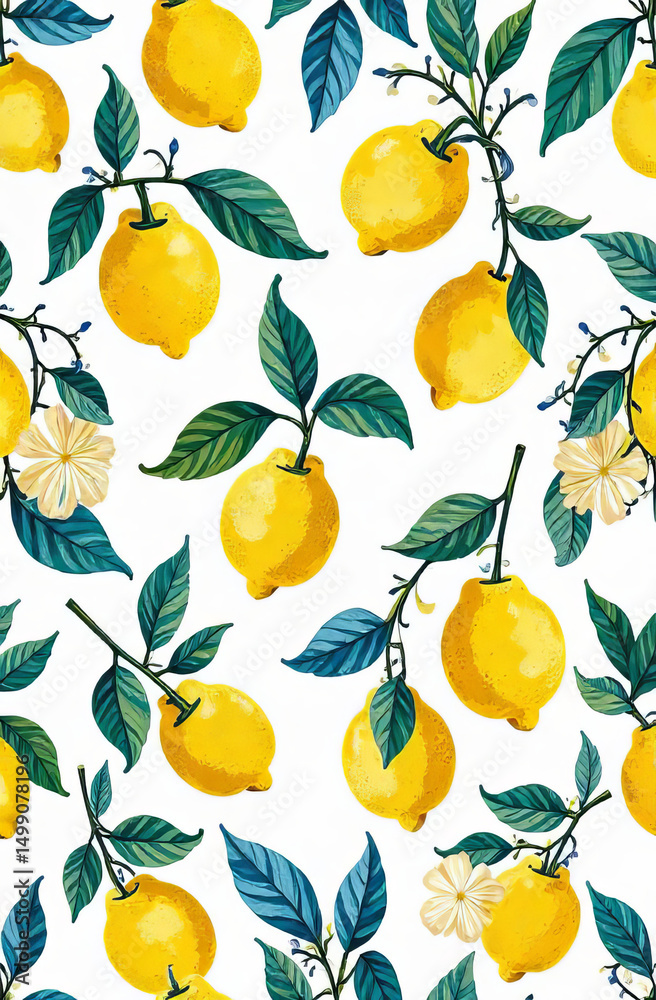 Obraz premium Pattern of yellow lemons and leaves on a white background. Traditional pattern of the south of Italy.