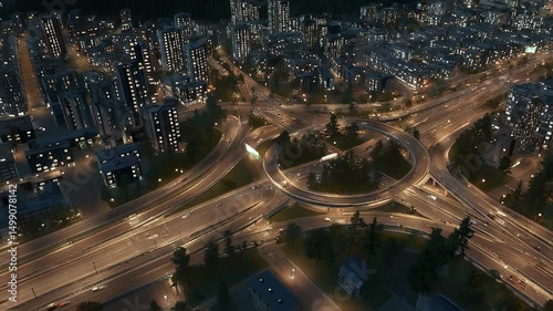 Closeup of a busy city interchange at night with glowing car lights and illuminated highways under a dark urban skyline