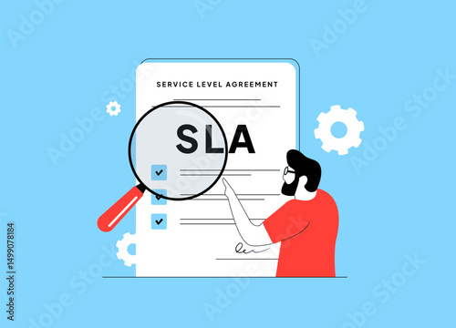 Service level agreement contract form, business concept. Service level objectives, SLA agreement form. Man character reads sla contract.Vector illustration
